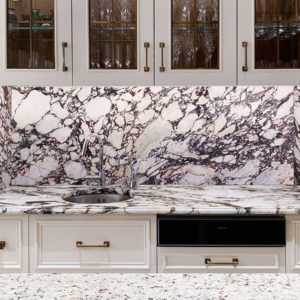 Honed Calacatta Viola marble kitchen worktop, supplied and installed by M&G Ltd – Private residential