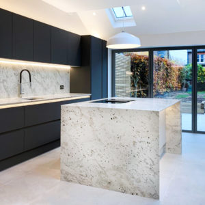 Kitchen island with Andromeda White granite waterfalls